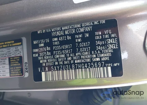 2017 Hyundai Santa Fe Sport 2.4L z USA, uszkodzony, nr VIN 5XYZU3LB7HG425697